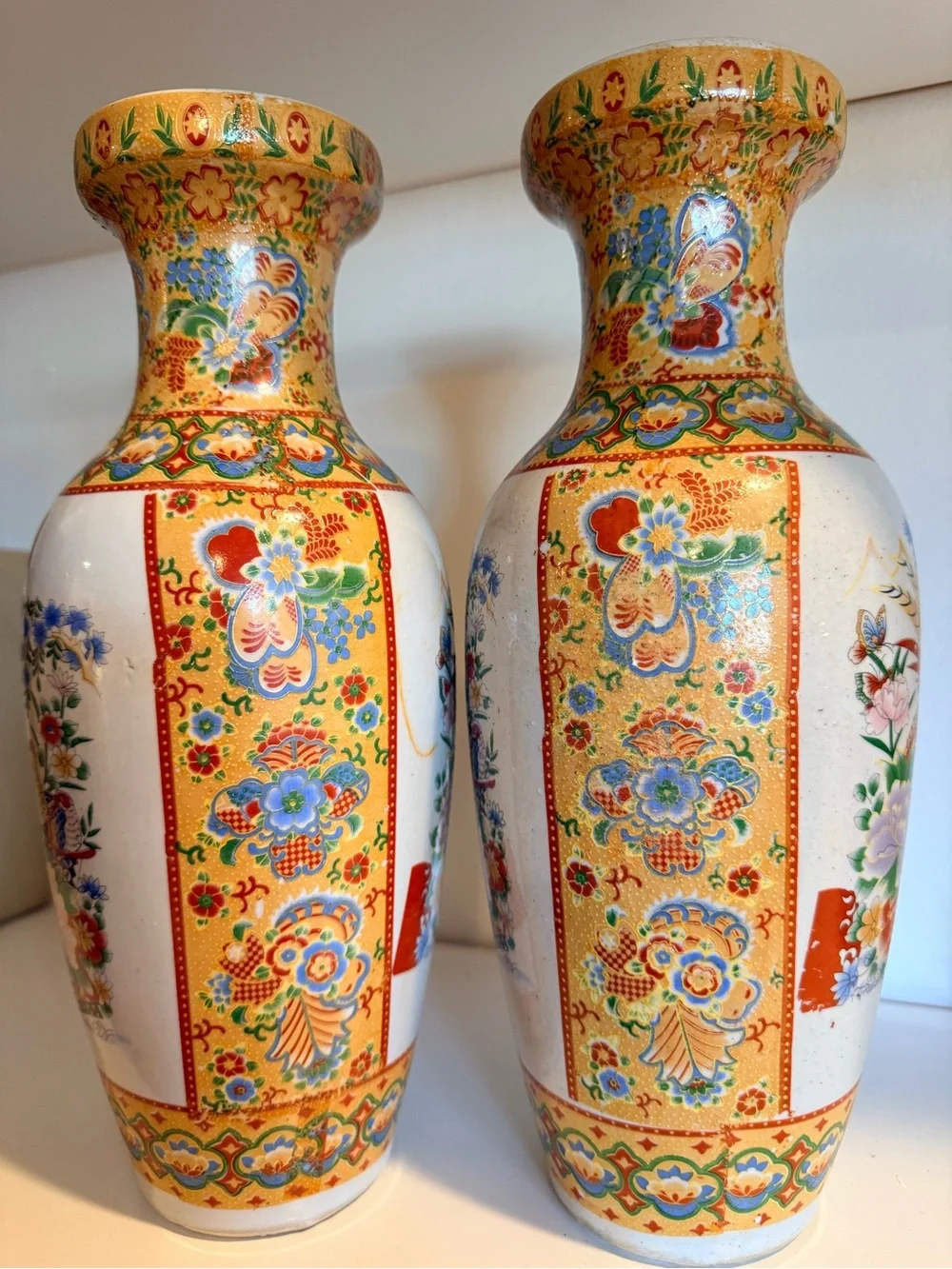 Pair Vintage Japanese Satsuma Style Porcelain Vases Hand Painted Birds Floral